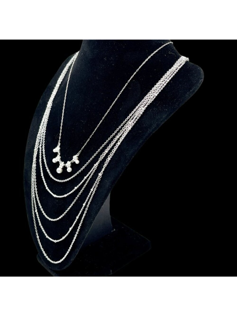 Multi Strand Necklace Stack Chain + Faux Pearl Crystal Silver Tone Vtg LC - Picture 2 of 9